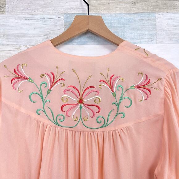 Bob Mackie Silk Floral Embroidered Crepe Blouse Pink Wearable Art Womens Large - Picture 5 of 6